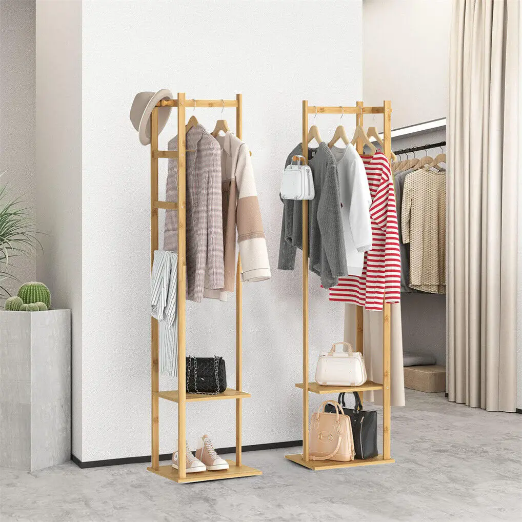 Rolling Clothes Hanging Rack with Double-Rod Wooden Garment Stand with Wheels