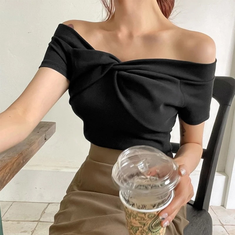 2025 Off Shoulder Sexy Shirt Women T-Shirt Short Sleeve Korean Style Slim Basic Elasticity Top Womens Cropped T Shirt Femme image 2