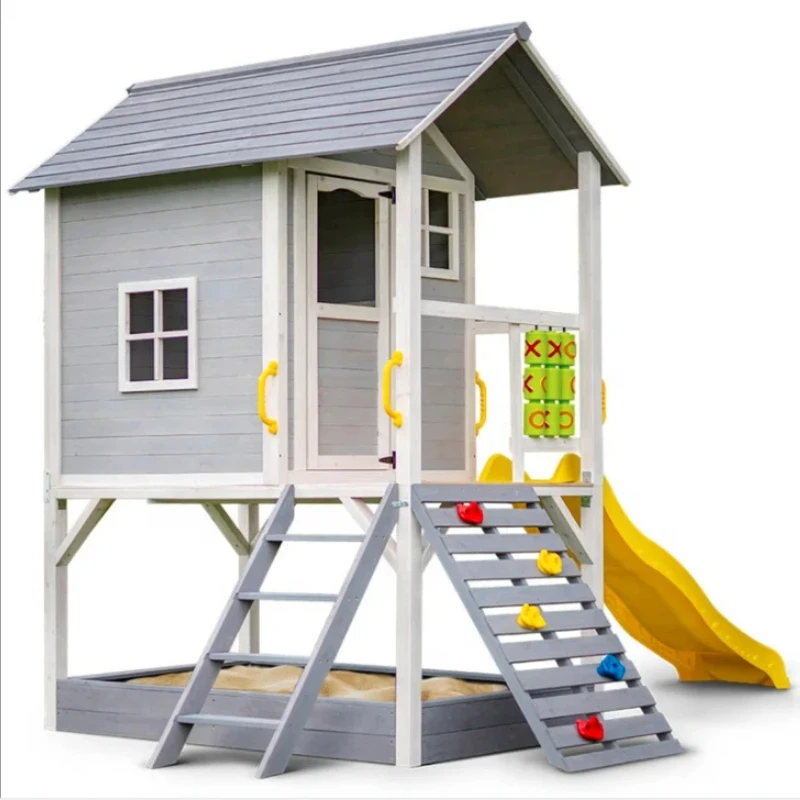 

Wooden playroom with slide and sandbox waterproof outdoor garden playground for backyard use