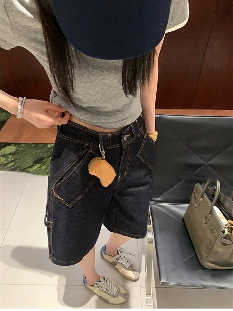 

Women's Solid Color Knee Length Jeans High Waist Vintage Hip Hop Baggy Straight Girl Pants Street Wide Leg Denim Trouser
