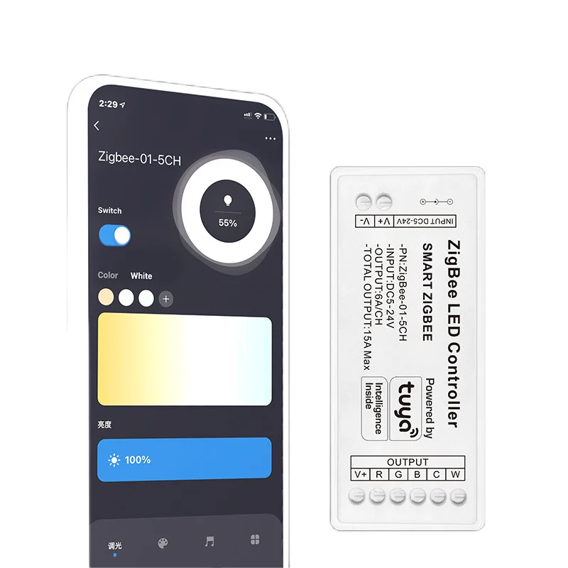 Светодиодный контроллер Tuya Zigbee Smart APP RGBCCT 15A 5-24V Life 12V 180W Alexa 5CH RGBCW Контроллер светодиодных лент с цветовой температурой