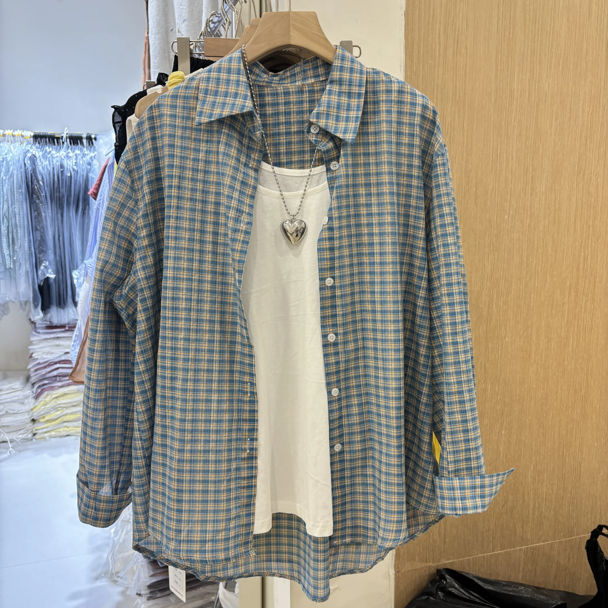 

Ретро Американский Гонконг Sle Color Blo Plaid irt Свободный крой Тонкий молодежный повседневный длинный свек Осень Весна ex Топ