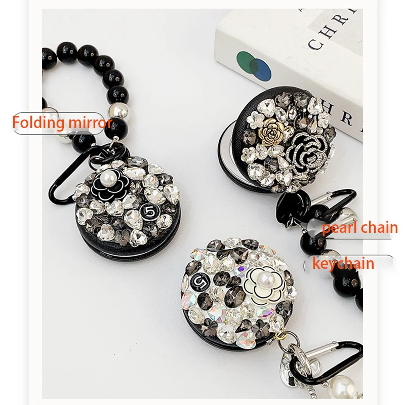 Bling Rhinestone Two-side Mirror With Metal Key Chain Fold Makeup Mirror Bag Pendant Portable Travel Handheld Pocket Mirror Girl