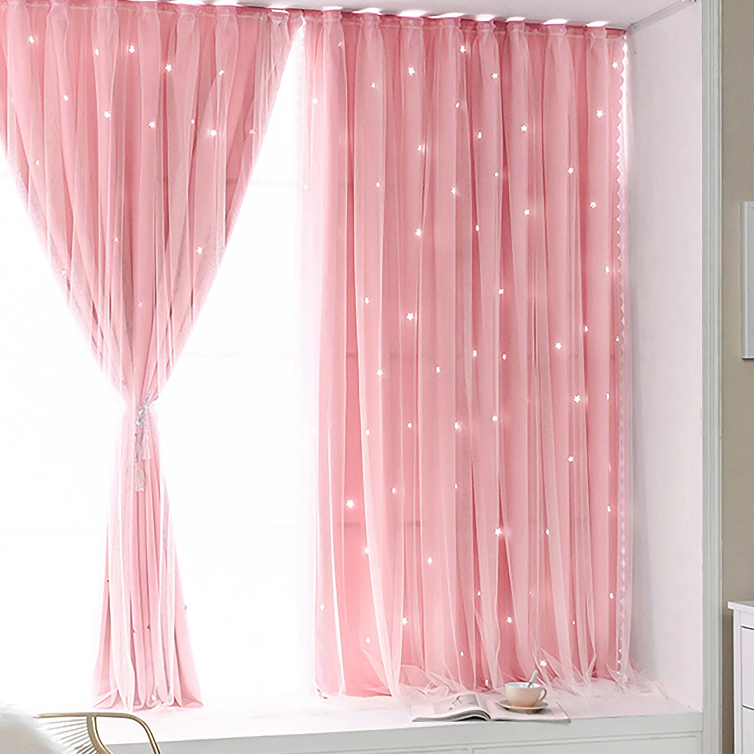 Double Layers Romantic Sheer Kids Children Girls Curtains With Hollow Out Stars For Living Room Bedroom Windows Drapes