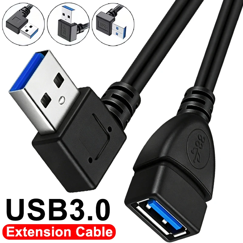 Cable de extensión USB 3,0 en ángulo recto, cable extensor macho a hembra, convertidor de sincronización de datos de 5Gbps para PC, TV, portátil, Cable de extensión para juegos