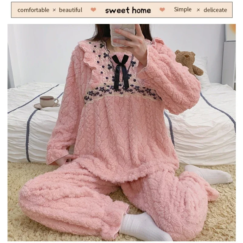 5XL Plus Size Coral Fleece Pajamas Women\'s Autumn/winter Thickened Flannel Home Clothes Loose Loungewear Suitable for Outerwear