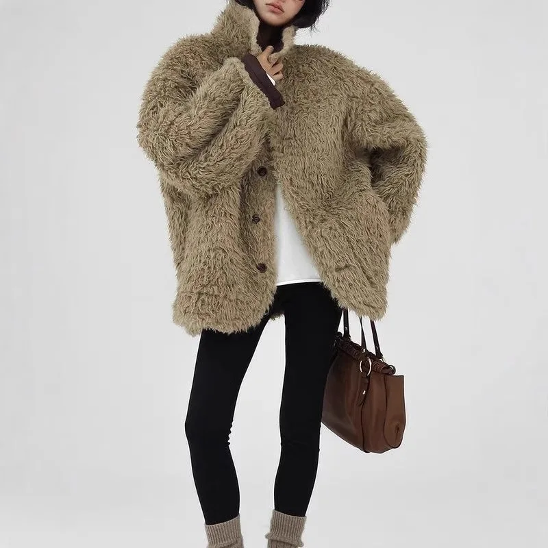 Braune Revers-Kunstpelzjacke, Zwei-Wege-Kleidung, Leder und Pelz-Plüschmantel, warme Pelzjacke aus Kunstwolle, flauschige einreihige Mäntel