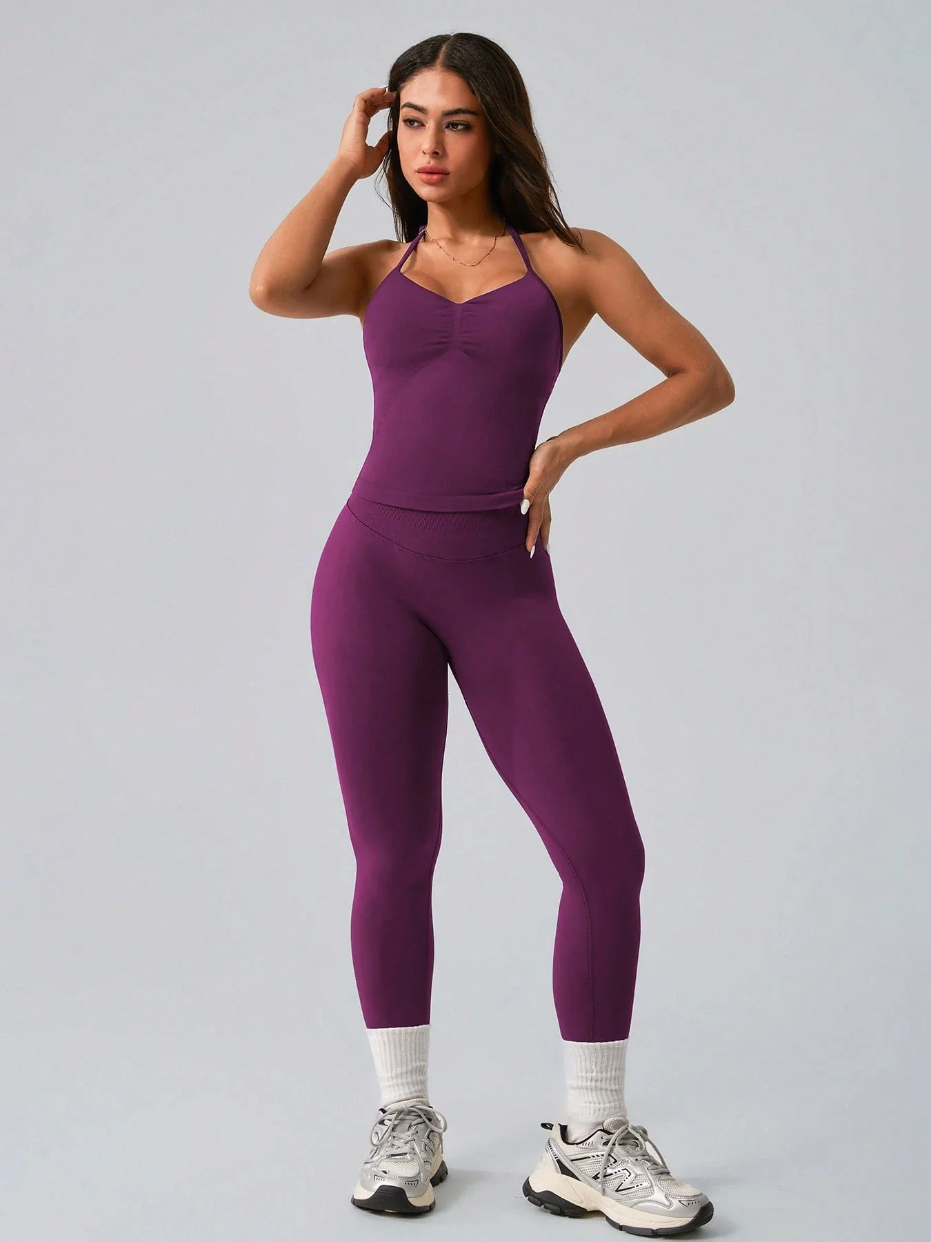 

Women's Backless Shaping Tank Top And Leggings Sportswear Set Purple