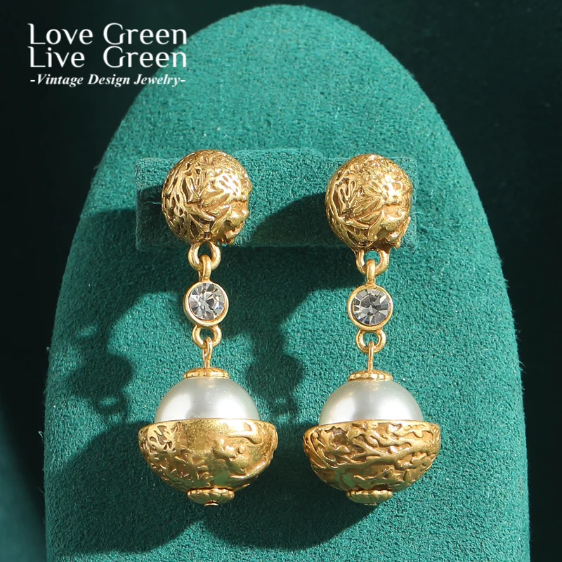 

Vintage Pearl Earrings For Wedding Woman Drop Gold Color Carve Ball Antique Jewelry Zang Nationality Designer Luxury Accessories