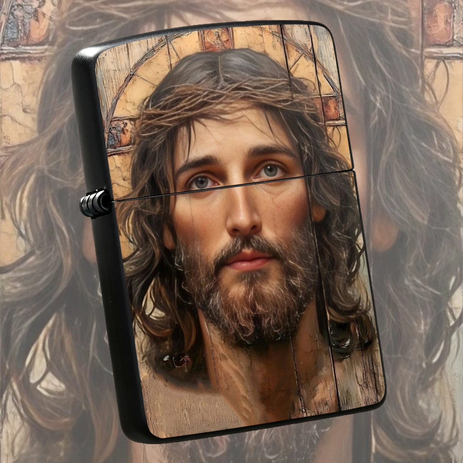 Vintage Jesus Portrait Painted  Retro Wood Texture Print Windproof Flip Pocket Exquisite Holy Figure Pattern Collectible Gift For Believers Men Daily Use A Fun And Humorous Lighter