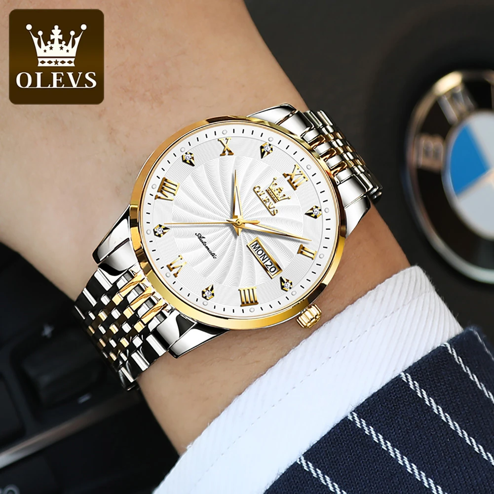 OLEVS 6630 Business Mechanical Watch Gift Stainless Steel Watchband Round-dial Week Display Calendar Luminous