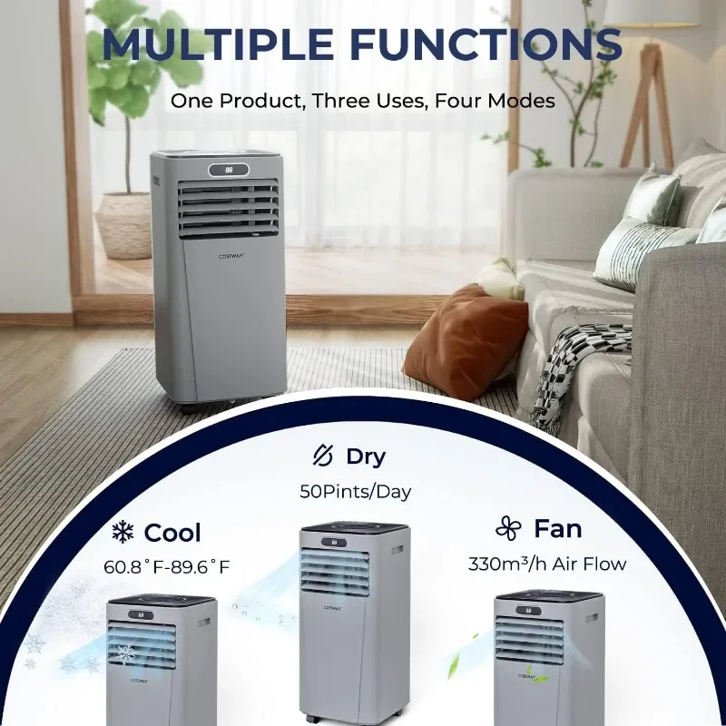 COSTWAY Portable Air Conditioner, 10000BTU Air Cooler with Drying/Fan/Sleep Mode, 2 Speeds, 24H Timer, Remote Control