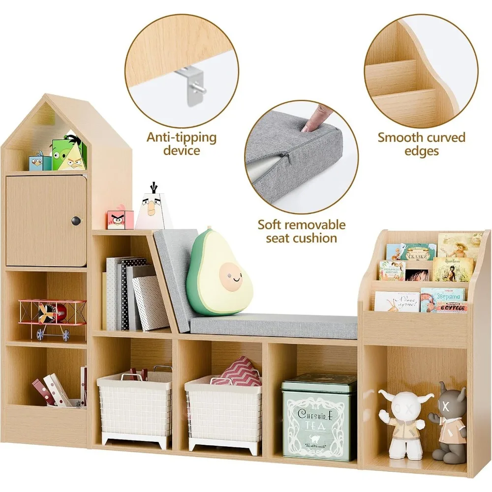 Kids Reading Nook with Bench - Bookshelf & Bookcase with Seat Cushion, 7 Opening Storage Cubbies,  Toy Storage Box and Chest