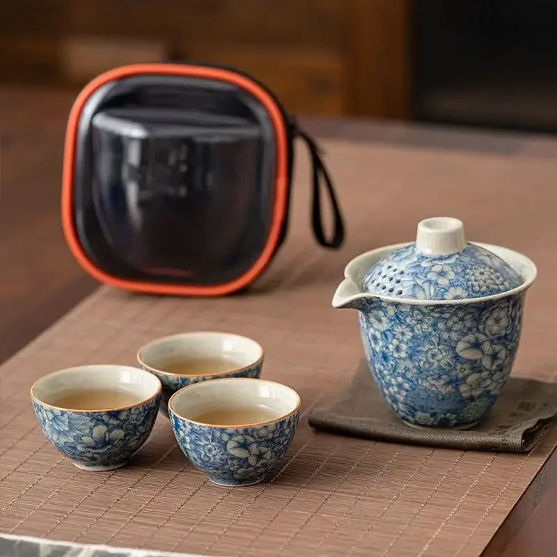 Ru Kiln Flower Travel Tea Set Portable Camping Kung Fu TeaSet Outdoor Picnic Express Cup Ceramic Teapot Gift Office Decoration