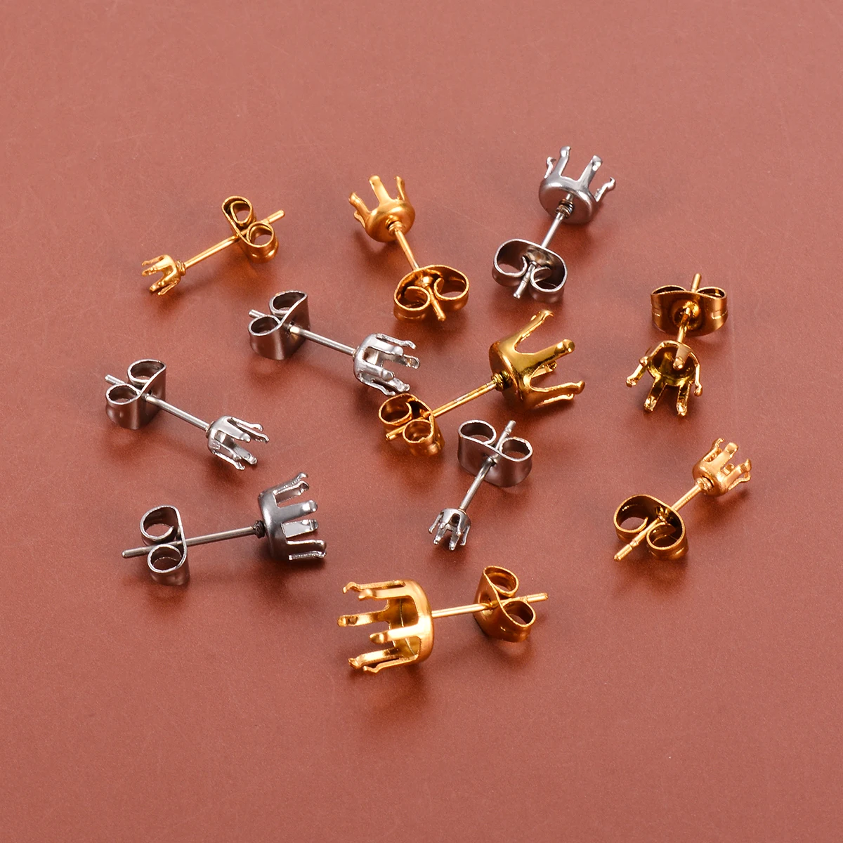 100Pcs 3-8mm Round Stainless Steel Silver Gold Colour 6-claw Bottom Accessories Connector for Women\'s Earrings DIY Making