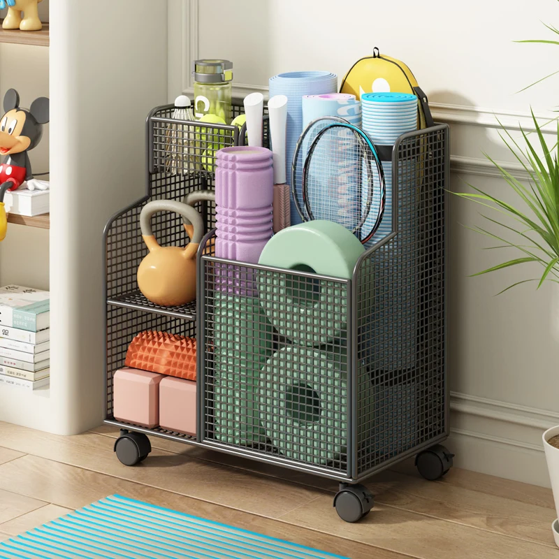 fitness-equipment-storage-basket-with-wheels-yoga-mat-rack-gym-sports-gear-organizer-basketball-badminton-shelf
