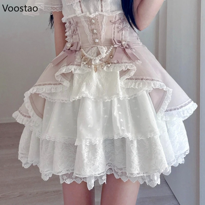 Mini jupe gâteau Style Lolita japonais Kawaii pour femmes, douce et élégante, avec nœud en diamant, chaîne de perles, jupe courte gothique Y2k pour filles
