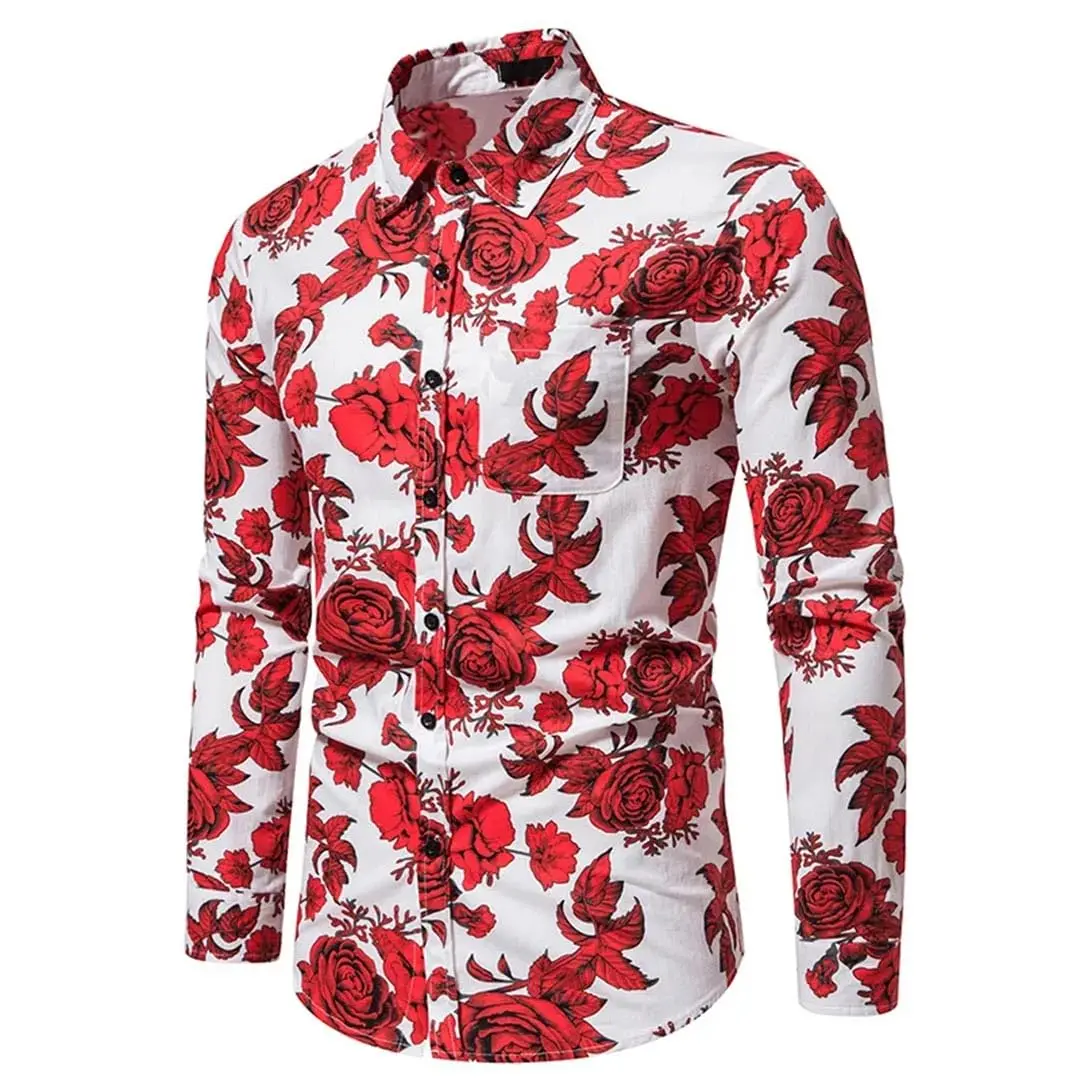 Moda fiore rosa modello stampa 3D camicia a maniche lunghe da uomo autunno camicia abbottonata festival casual bavero abbigliamento da uomo