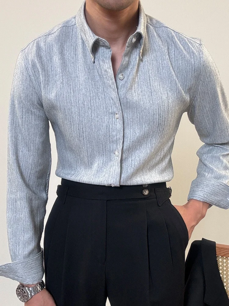 

Spring Season Men's Long Sve irt Tailored Fit Briti Sle Busin Casual Retro Stripes No Ironing Gentleman's Blouse