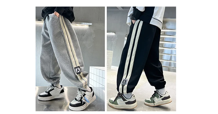 Koreanische Frühlings- und Herbstkleidung für Kinder, Jungen-Sporthose mit Seitenstreifen, Jogginghose für Teenager, Baumwollhose, Alter 5 bis 14 Jahre – Detail 4
