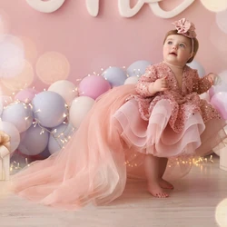 Vestidos de menina de flor personalizados bonito rosa glitter lantejoulas brilhante inchado organza com arco ajuste festa de casamento princesa vestidos de baile