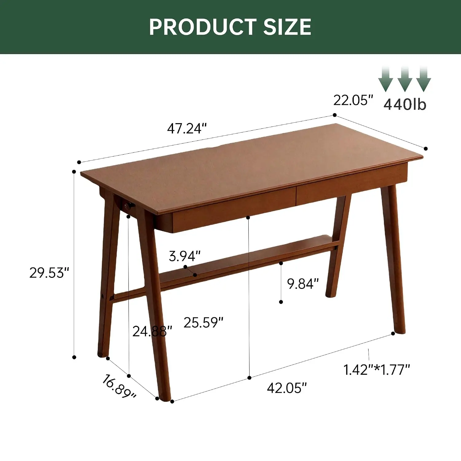 Solid Wood Home Office Desk With Drawer Mid Century Modern Writing Computer Table 47