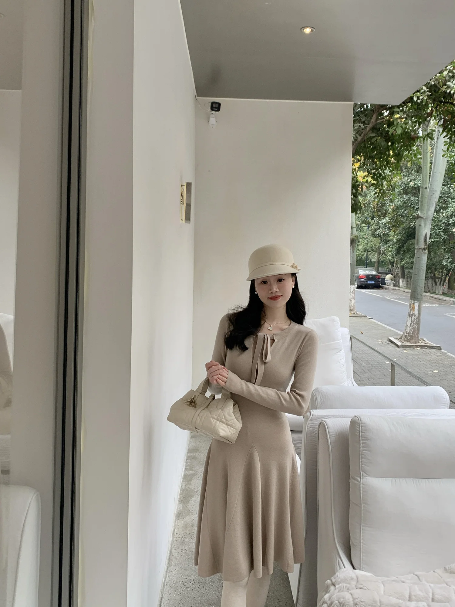 

Wang Han Yan Girl's Diary Silk Wool Knitted Dr with Knot Gentle Women's Faion Autumn Winter Long Sve round ...