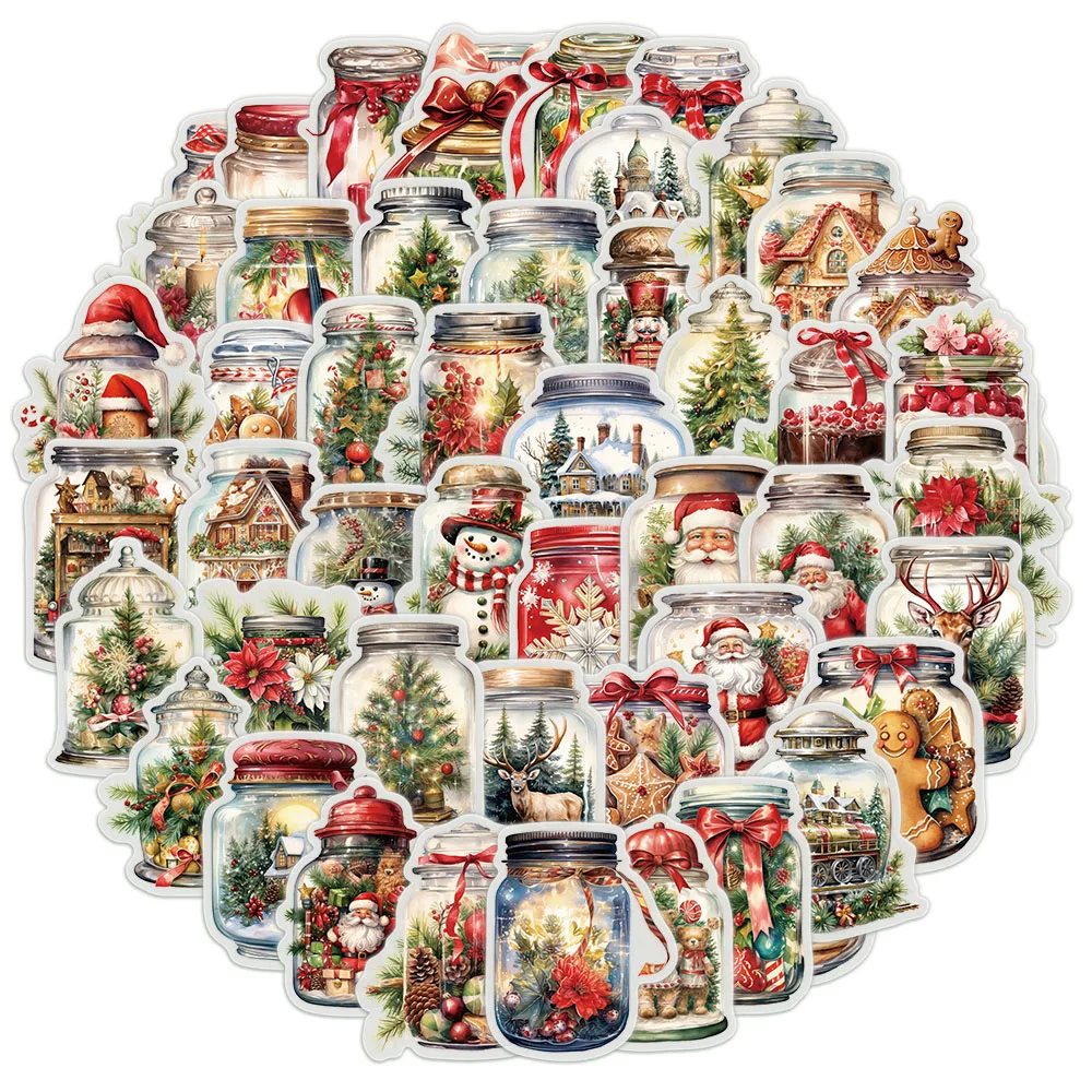 50PCS Christmas Bottles Vintage Christmas Exquisite Cartoon Stickers Creative Handbooks Phone Cases Laptop Decorative Stickers