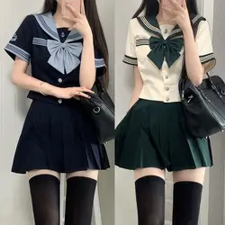 Japan Genuine School Girl Uniform  JK Green Sailor Basic Cartoon Three Lines Sailor Uniform Sets Navy Costume Women Girl Costume