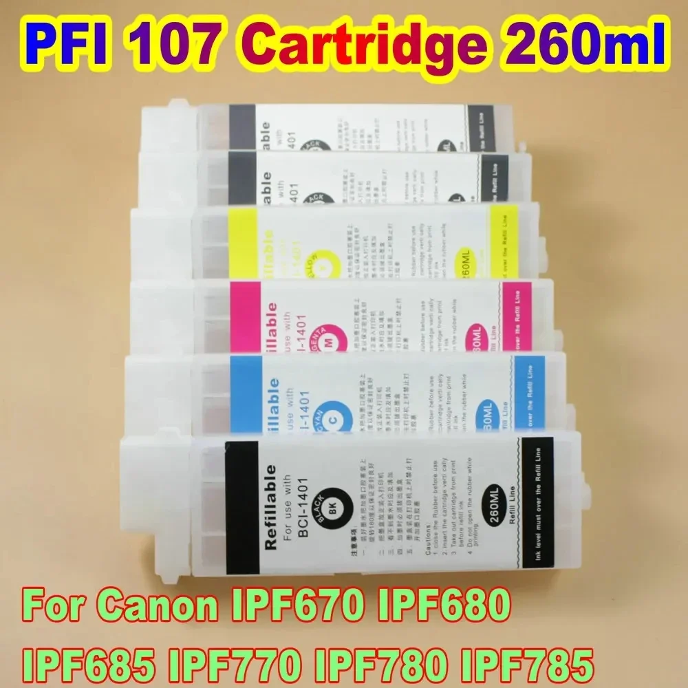 260 مللي PFI 107 طابعة PFI107 خرطوشة حبر فارغة قابلة لإعادة الملء لكانون IPF670 IPF680 IPF685 IPF770 IPF780 IPF785 BK C M Y MBK MBK