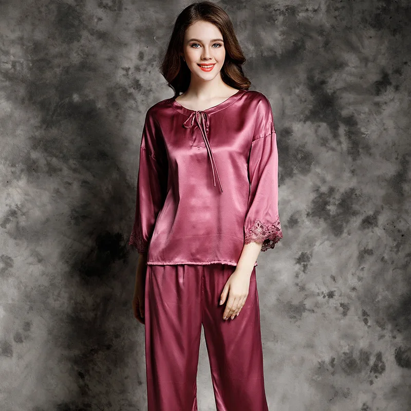 Birdtree 100%Mulberry Silk Home Fur Set For Women's Summer Pajamas Spring Autumn Set Casual Long Sleeve Two Piece Set  P38009QC