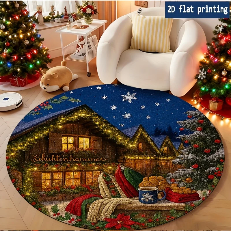 Wine Red Golden Snowflake Pine Gift Box Round Rug for Living Room Sofa Chair Bedroom Bedside Entry Giftbox Non Slip Rug gifts