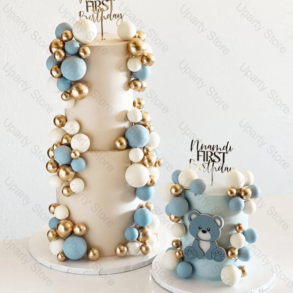 60Pcs Blue Balls Cake Toppers 2-4cm Metal Gold White Baby Blue Cake Balls for Happy Birthday Baby Shower Wedding Cake Decor Favo