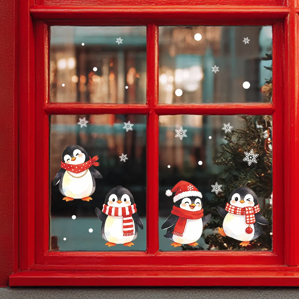 Christmas Cartoon Little Penguin & Snowflake Self‑Adhesive Window Sticker, Glass Window Beautification Xmas Festive Glass Decal