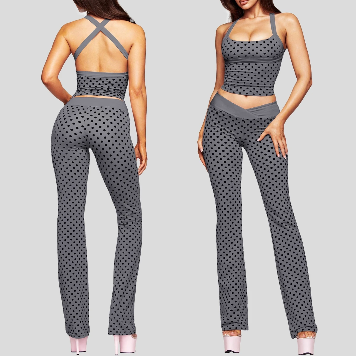 Women Polka Dot 2 Piece Yoga Set Criss Cross Back Crop Top V Fold Waist Flare Pants Y2K Sexy Matching Set Casual Workout Outfit