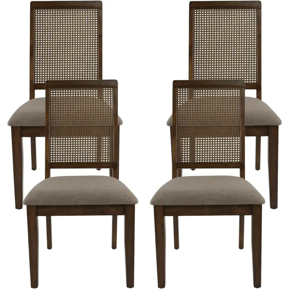 

Набор из 4 обеденных стульев, безрукие стулья для кухни и столовой с высокой спинкой из ротанга, боковые стулья с прочной коричневой обивкой Wo