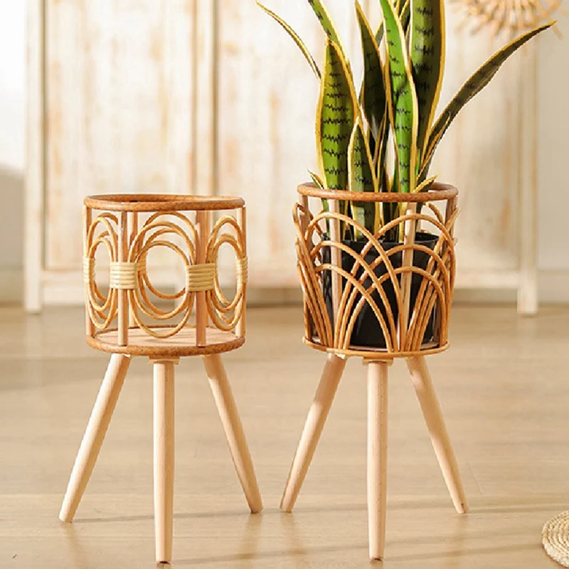 Rattan Indoor Plant Stand Straw Woven Flowers Pot Holder Stool With Legs Floor Planter Baskets Rack Wooden Plant Shelf