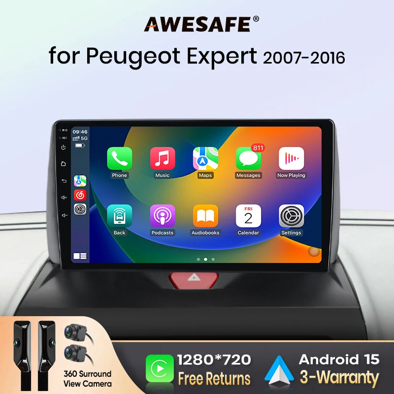AWESAFE CarPlay sans fil Android Auto pour Peugeot Expert Mk2 (G9) 2007-2016 Autoradio Lecteur multimédia Stéréo Wi-Fi Navigation GPS 2 Din Systèmes automobiles intelligents 1280*720 IPS Unité principale FM RDS DSP SWC BT Plug and Play ISO