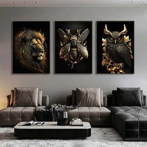 Black gold eagle lion painting on screen metal poster nordic wall art tig wolf swallow aesthetic image for room being decoration 10 Main Sales Aguia - №3