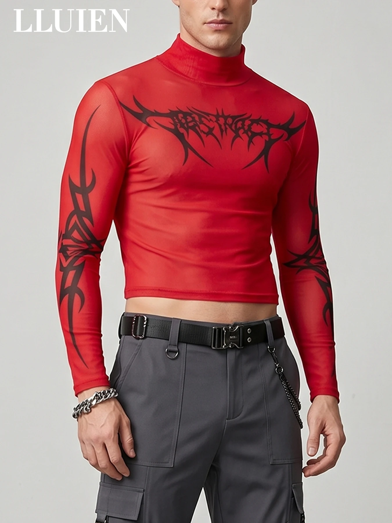 LLUIEN 2026 Neues Modisches Herren Crop-Top Langarm Rollkragen-Shirt mit Aufdruck 100% Polyester Nachtclub Mesh Enganliegendes T-Shirt – Detail 9