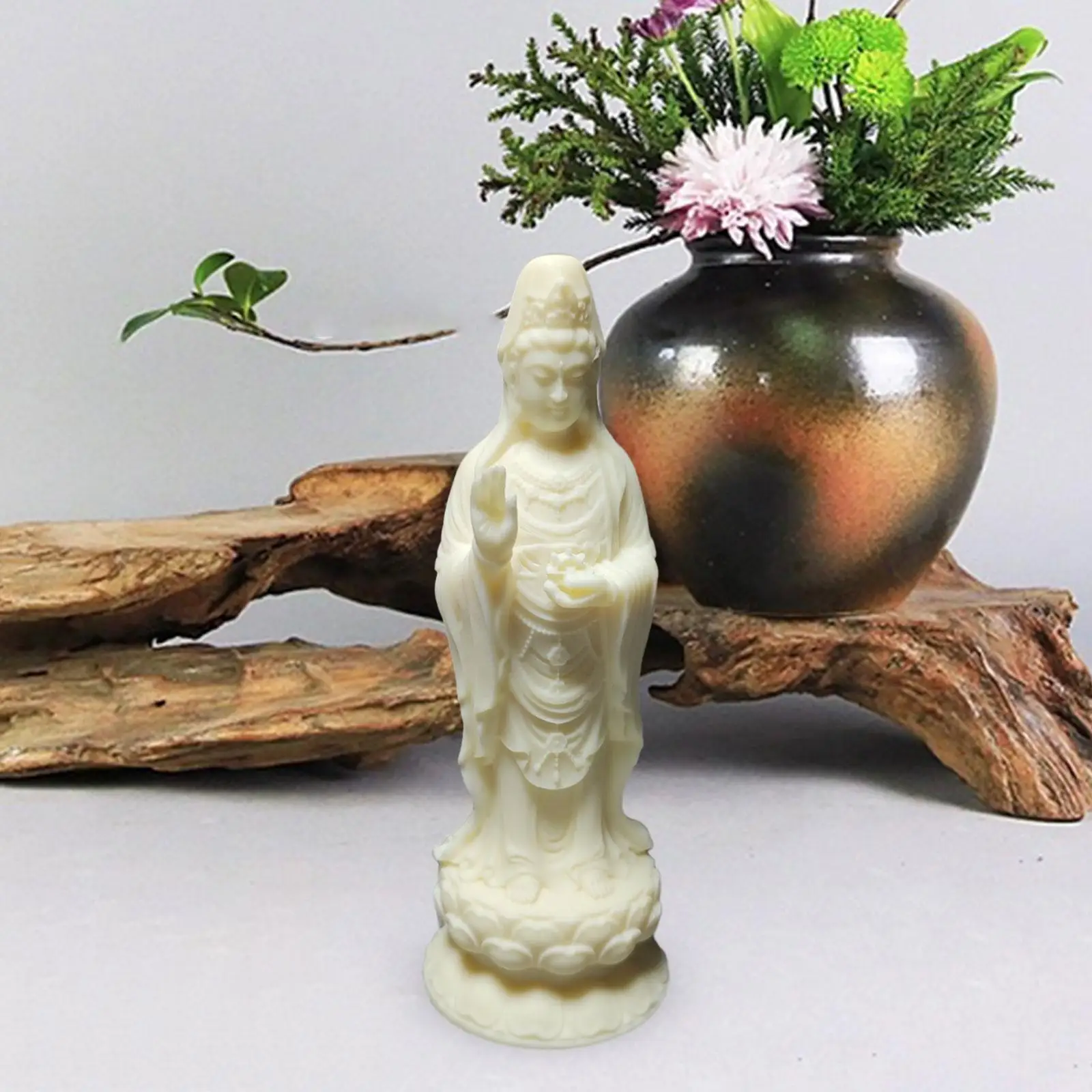 Guanyin Standing Statue Wood Carving Ornament 3.5x10cm for Housewarming Gift