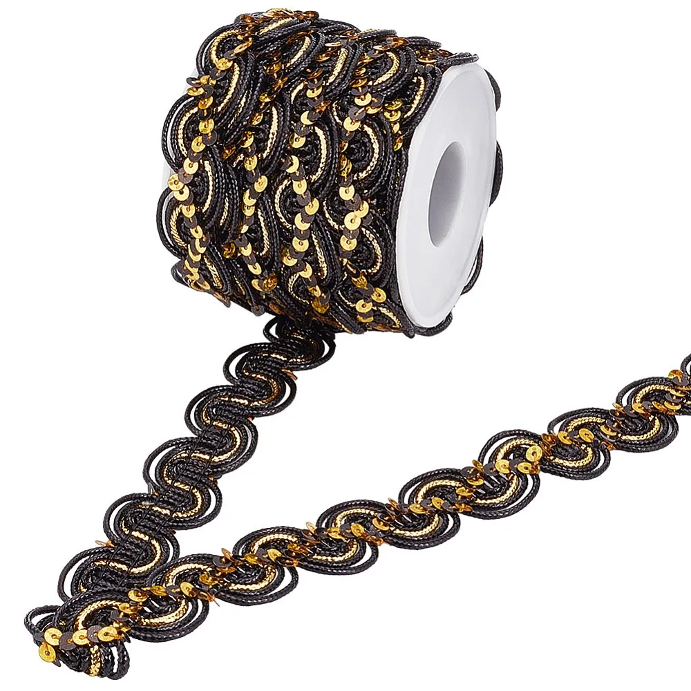15 Yards Sparkle Polyester Lace Ribbon Wave Edge Lace Trimming with Paillette Clothing Accessories Black 7/8 inch(23mm)