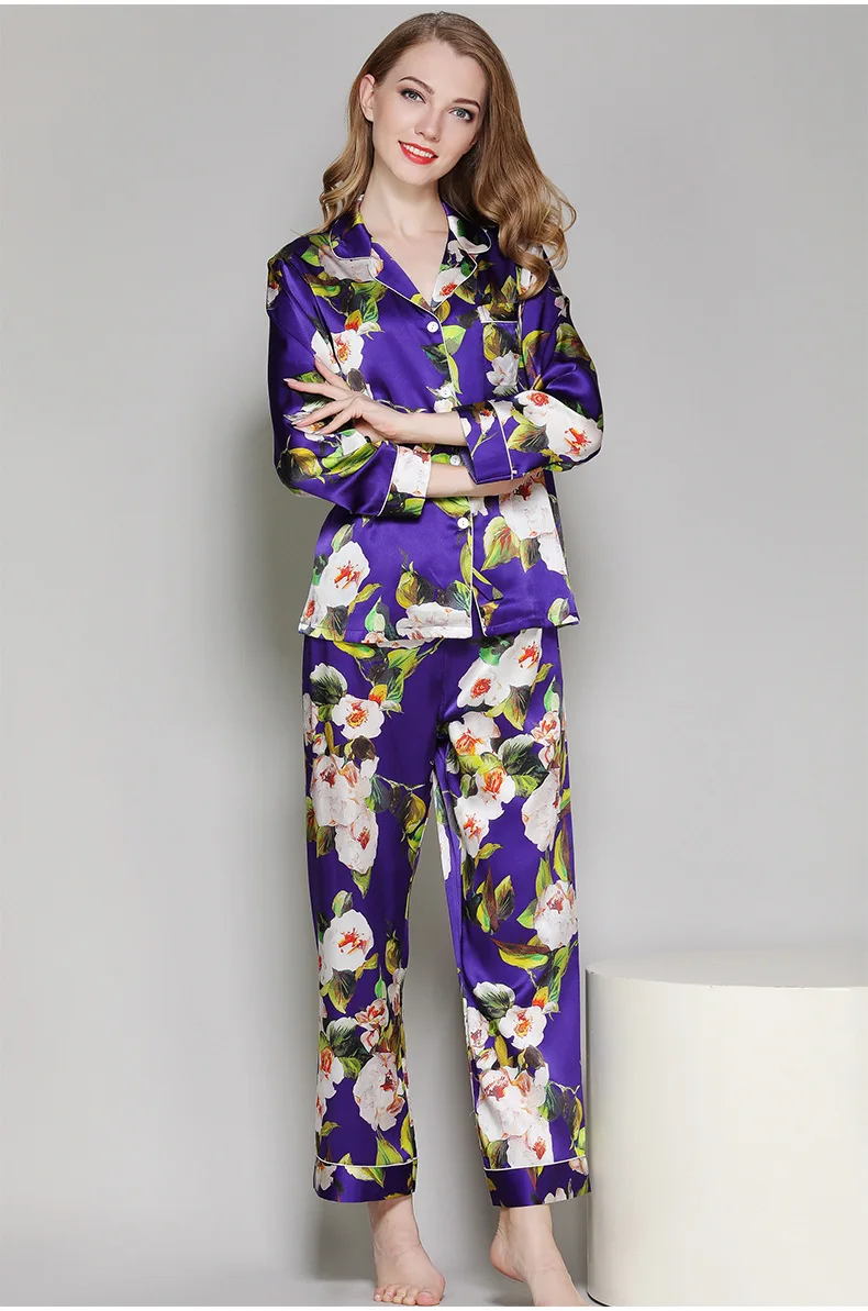 Spring and Summer 100% Mulberry Silk Pyjama Pour Femme Floral Print Satin Pajama Sets Real Silk Women 2 Piece Set Outfit Nightie