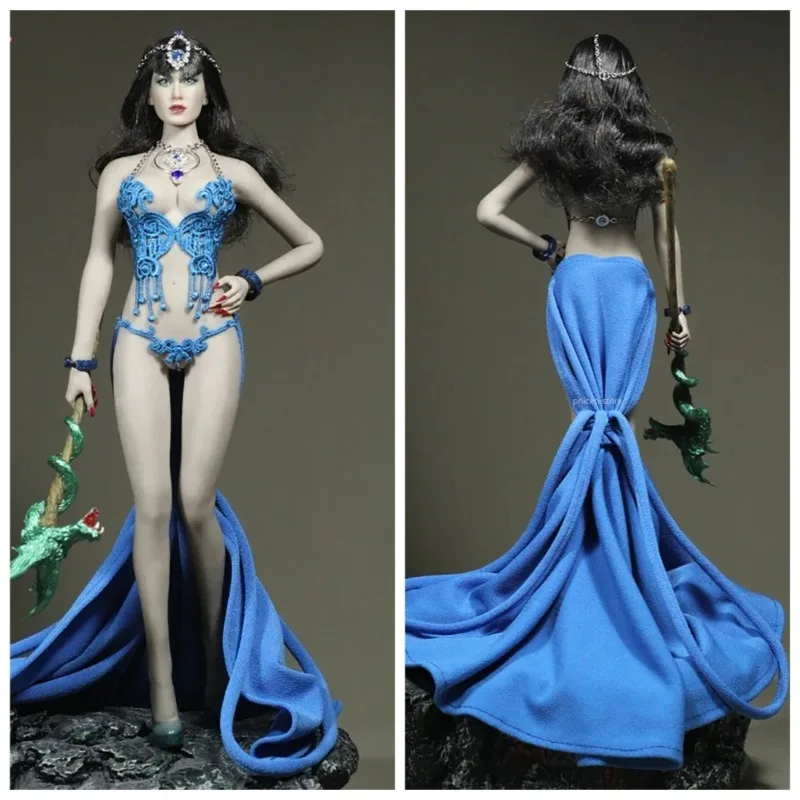 

1/6 Scale Female Solider Blue Totem Trailing Dress with Bra Underwear Head Flower for 12in Ph Tbl Action Figure Doll Toys