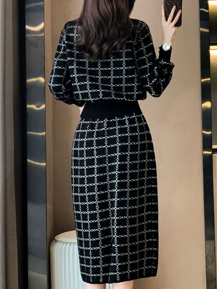 Elegant Slim Plaid Knitted 2 Piece Sets Women Half Turtleneck Sweater Pullover Tops Conjuntos Casual High Waist Skirts Outfit