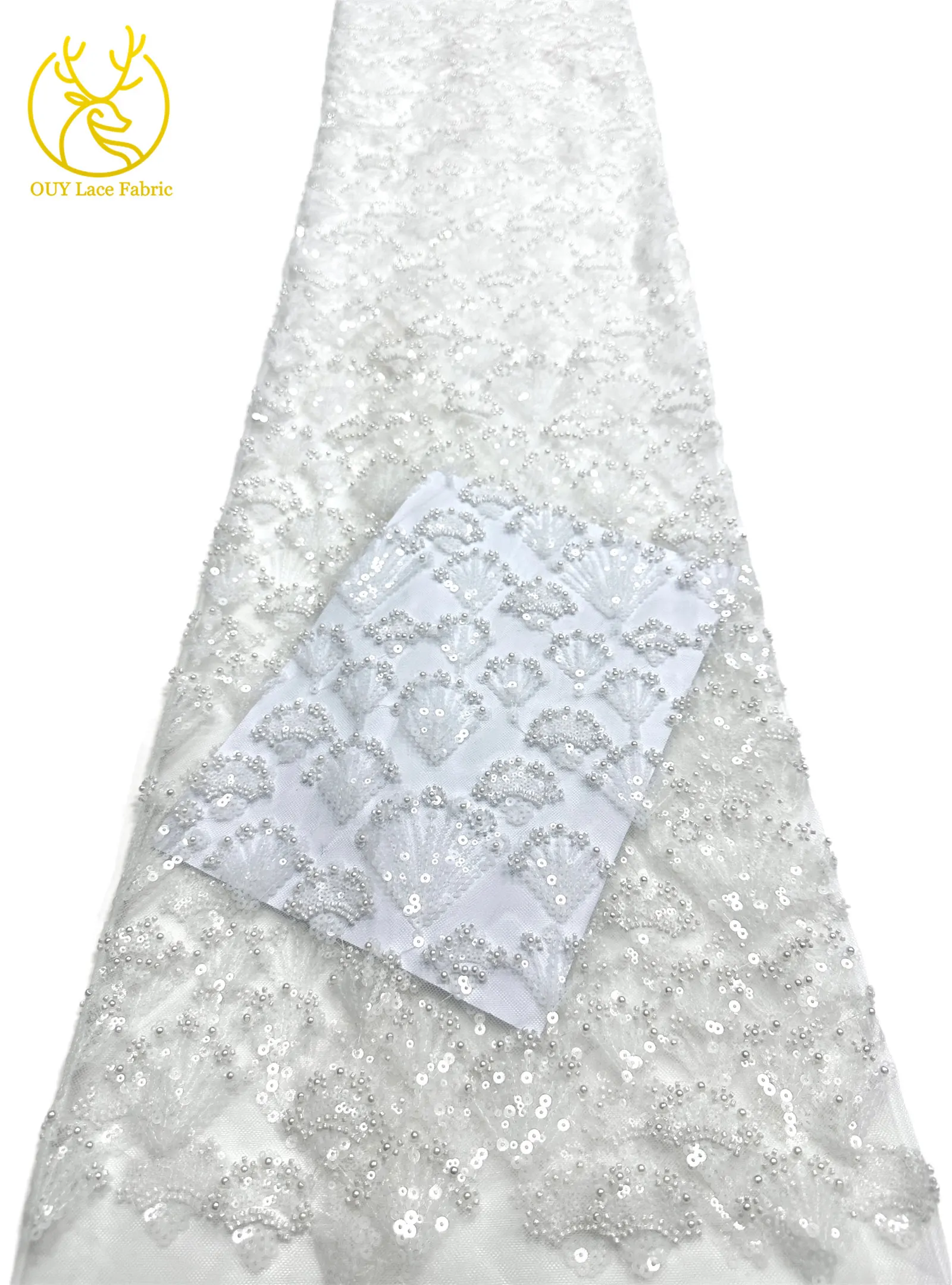 Luxuriöser französischer Perlen-Pailletten-Spitzenstoff 5 Yards Premium Hochzeitsstoff Nigerianischer Bräutigam Bestickter Tüll-Spitzenstoff für Brautkleider – Detail 9