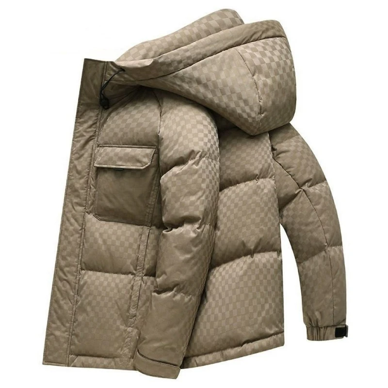 Business Men's High-end Down Jacket Youth Checkerboard Youth Fashion Cold-proof Warm Hooded Coat Tide Thickening Warmth 2024new