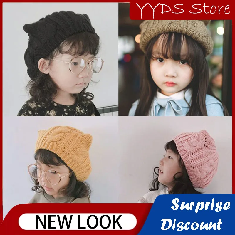 

Autumn and Winter Children's Beret Cat Ears Painter Hat Cute Knitted Wool Hat Boys and Girls Warm Hats 4-8 Years Old