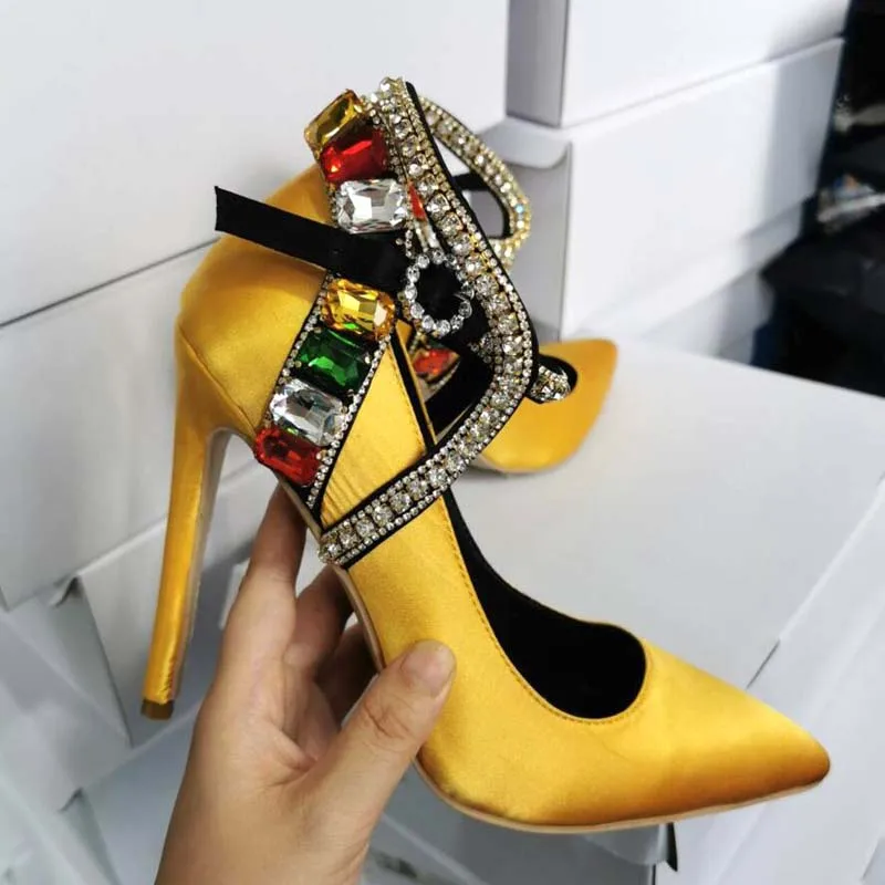 Colorful Gem Rhinestone Strap back Gold Yellow Silk Pumps High Heel Stilettos Pointed Toe Multi Crystal Wedding Shoes