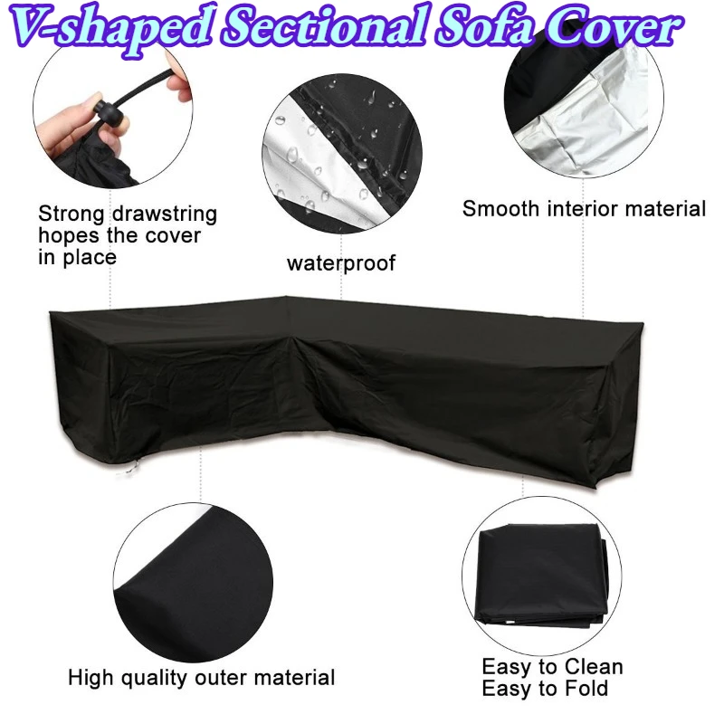 1pcs Black Heavy Duty V-shaped Sectional Sofa Cover for Special Shaped Sofa PU Coated Oxford Fabric Outdoor Furniture Protector